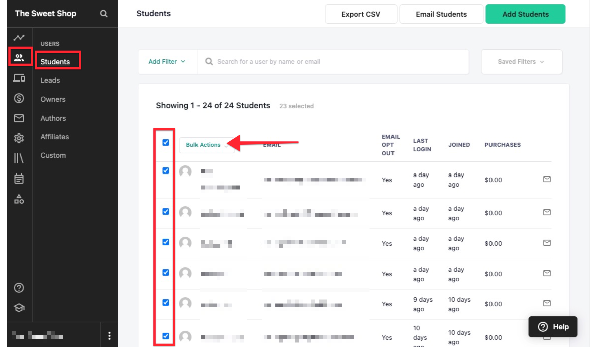 From the left side navigation menu, the USERS tab is selected, then the STUDENTS tab. Each student name is checked off, then there is an arrow pointing to the BULK ACTIONS drop down menu above the list of students.