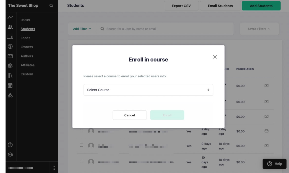 The image shows a popup window that states ENROLL IN COURSE: PLEASE SELECT A COURSE TO ENROLL YOUR SELECTED USERS INTO. There is a dropdown menu.