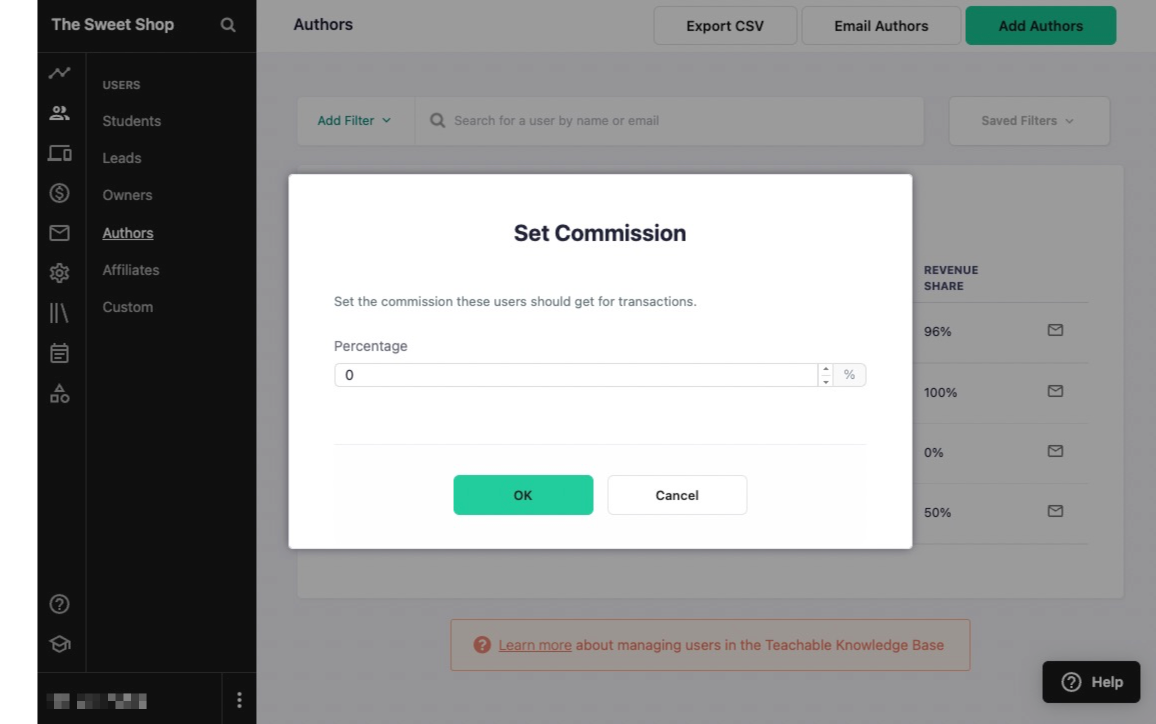 There is a popup window on the screen that states SET COMMISSION: SET THE COMMISSION THESE USERS SHOULD GET FOR TRANSACTIONS. There is then a field to enter a number from 0 to 100.