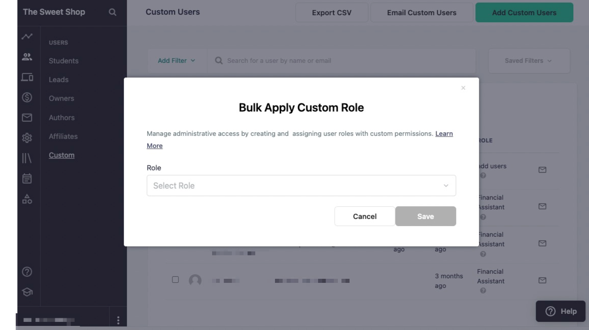 There is a popup window on the page that states BULK APPLY CUSTOM ROLE: Manage administrative access by creating and  assigning user roles with custom permissions. There is a dropdown menu where users can select a custom role.