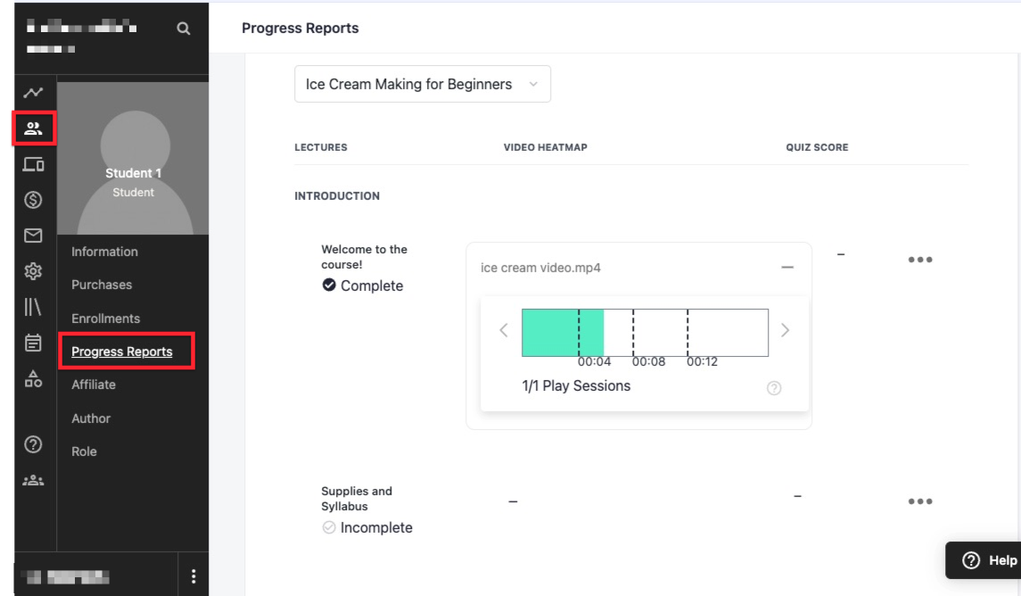 The image shows the PROGRESS REPORTS tab of a student's user profile. In the VIDEO HEATMAP column, there is a progress bar that is colored half green and half white.