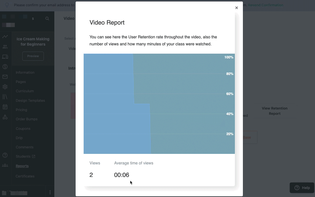 The gif shows a popup window of a video retention report. As the mouse rolls over the graph, they see the percentage of users who stayed watching a video across the timeline of the video.