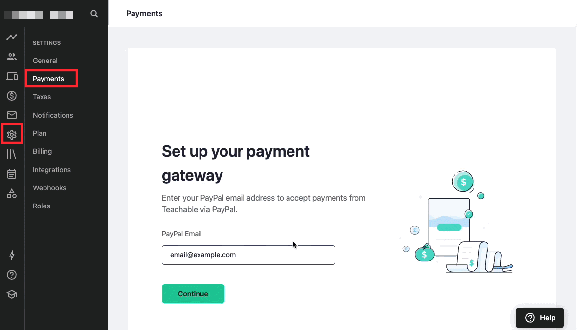 The gif shows a user selecting various prompts during the payment gateway onboarding process. They enter in a PayPal email address, click next, then enter in details about tax filing status and earnings, click next, then enable BACKOFFICE and PayPal, and on the final screen click CONFIRM PAYMENT SETTINGS.
