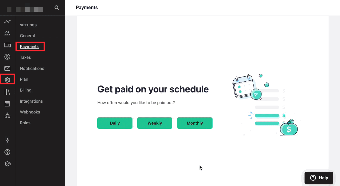 The Gif shows a person clicking through the Teachable Payments onboarding process, answering questions about payout schedule preference, enabling backoffice, etc.