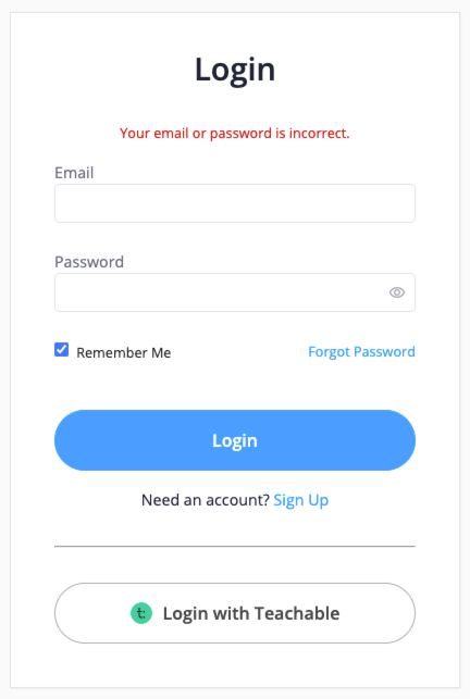 School account login portal with the test your email or password is incorrect warning banner showing at the top of the browser.