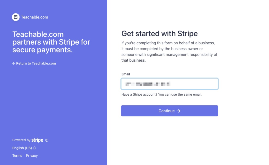The screen shows a Stripe onboarding page that states GET STARTED WITH STRIPE. There is a field for EMAIL ADDRESS.