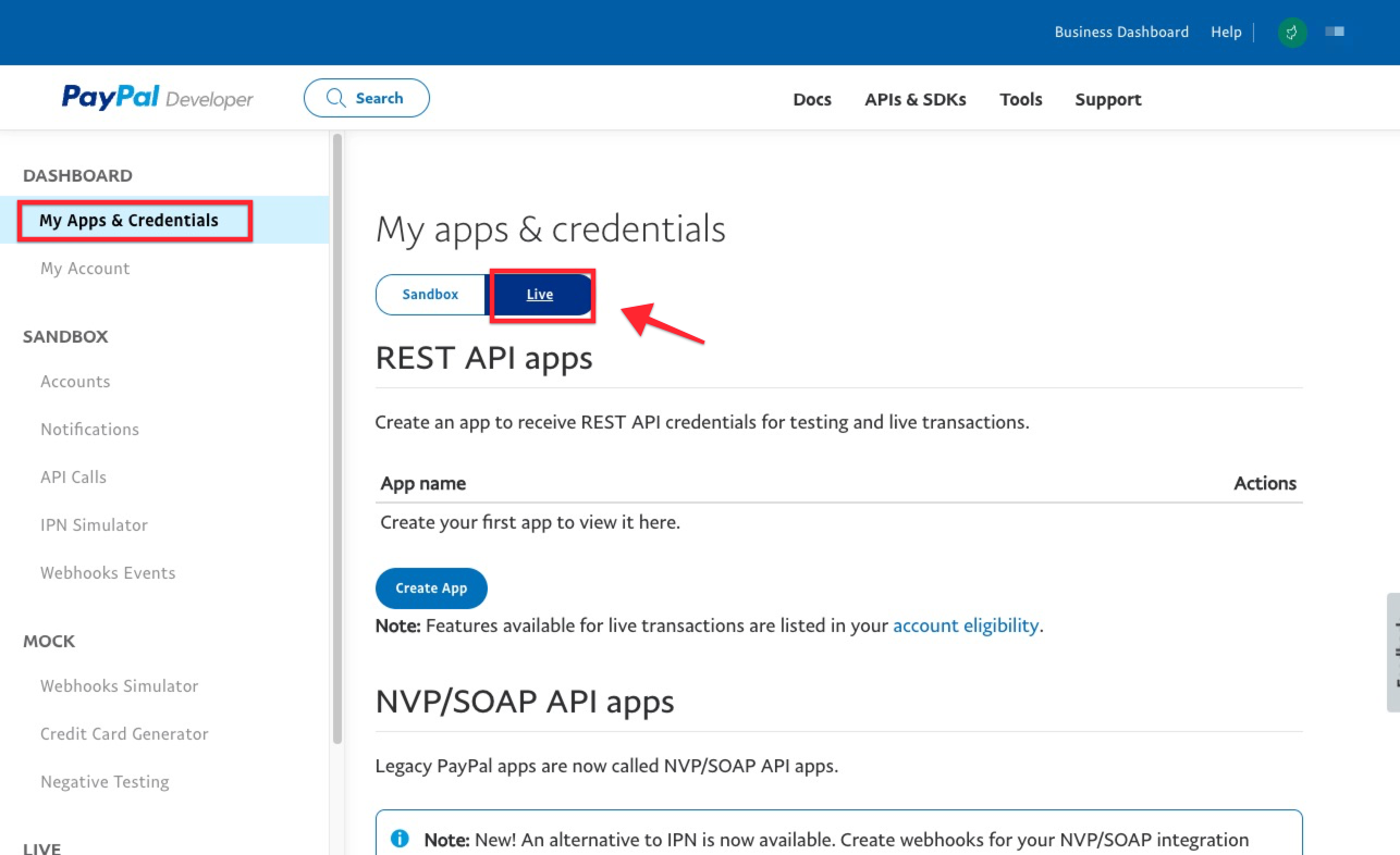 The image shows the admin of a PAYPAL DEVELOPER account. From the left side navigation menu, MY APPS & CREDENTIALS tab is selected.