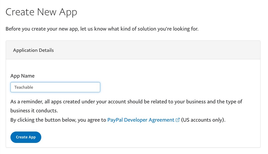 The image shows a popup window from the admin of PAYPAL DEVELOPER. There is a field for APP NAME and a button for CREATE APP.
