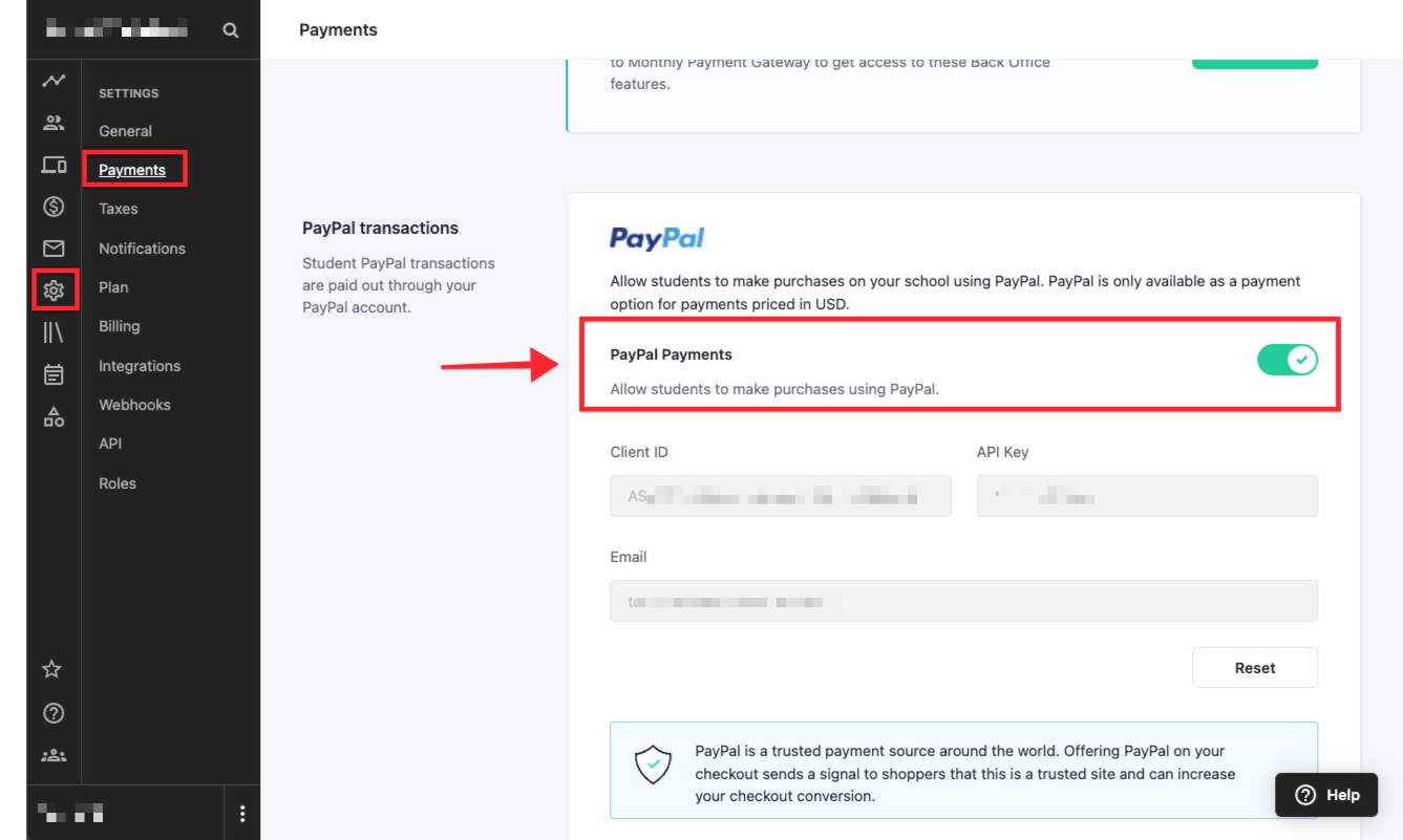 The screen shows the SETTINGS > PAYMENTS menu of Teachable school admin. There is a toggle for PAYPAL PAYMENTS which is turned on.