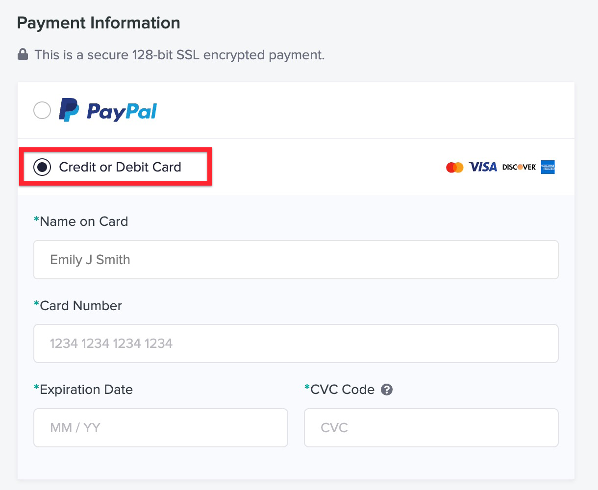 A portion of a checkout page highlighting different payment options - Credit/Debit card is selected via a radio button.