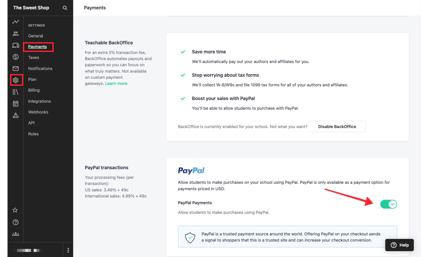 The Settings > Payments tab of a Teachable school. In the PayPal Transactions section, PayPal Payments are toggled on.