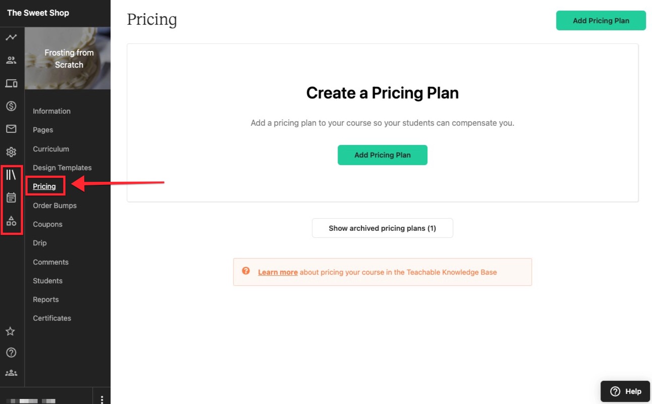 The admin view of a Teachable school, with the PRICING tab selected from a specific course.