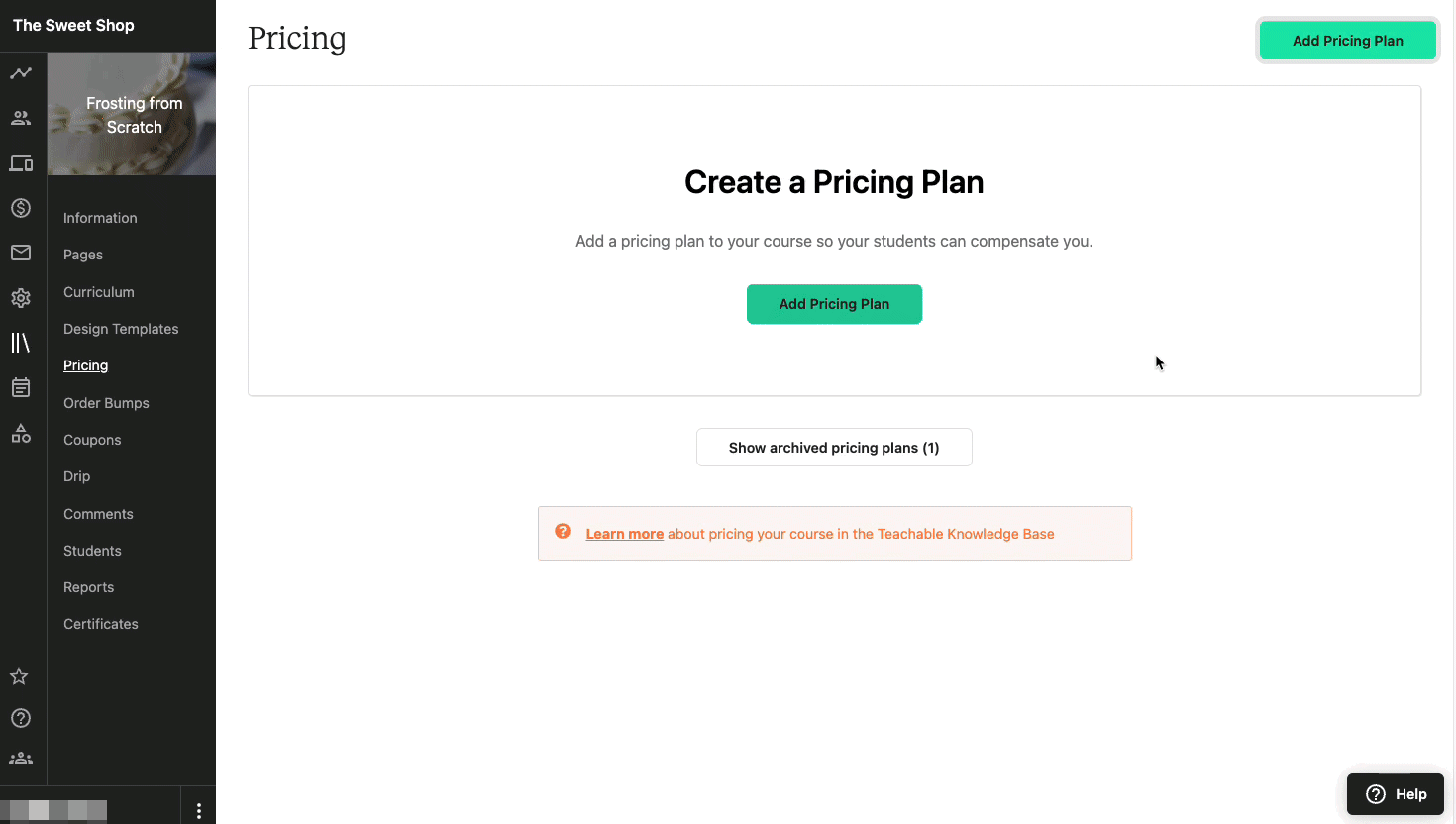 The admin view of a Teachable school, with the PRICING tab selected from a specific course. The user clicks the ADD PRICING PLAN button at the top of the page.