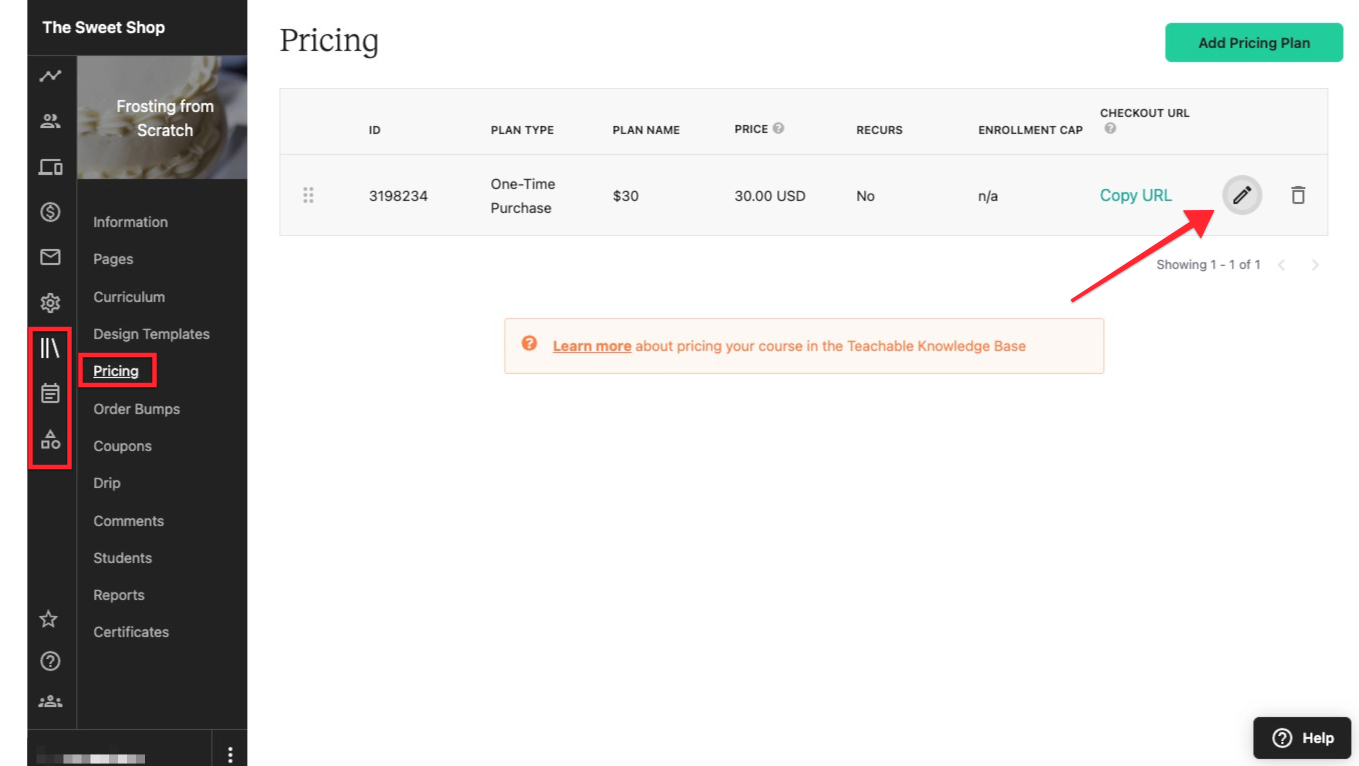 The admin view of a Teachable school, with the PRICING tab selected from a specific course. There is an arrow pointing to the EDIT icon next to one of the listed pricing plan options.