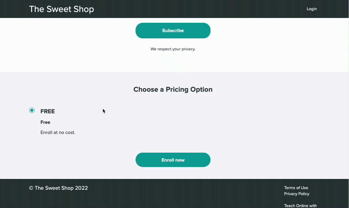 The user selects the FREE PRICING option from a sale page, and then is navigated to a page where they must enter in an email address and password to create an account.