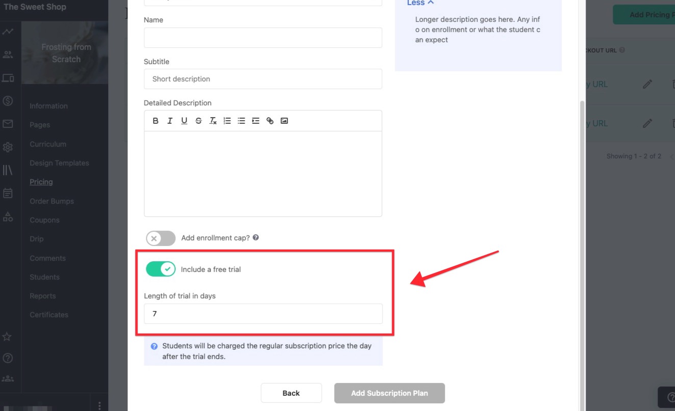 The ADD PRICING PLAN popup window. There is an arrow pointing to the INCLUDES A FREE TRIAL toggle.