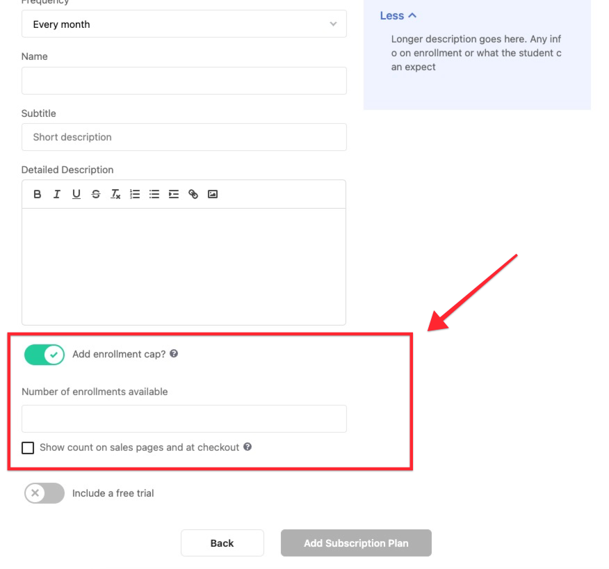 The ADD PRICING PLAN popup window. There is an arrow pointing to the ADD ENROLLMENT CAP toggle.