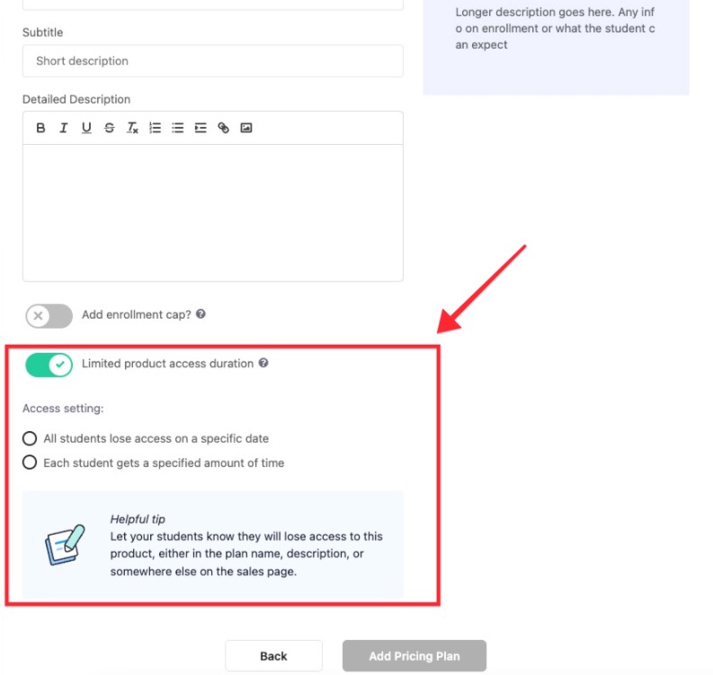 The ADD PRICING PLAN popup window. There is an arrow pointing to the LIMITED PRODUCT ACCESS DURATION toggle.