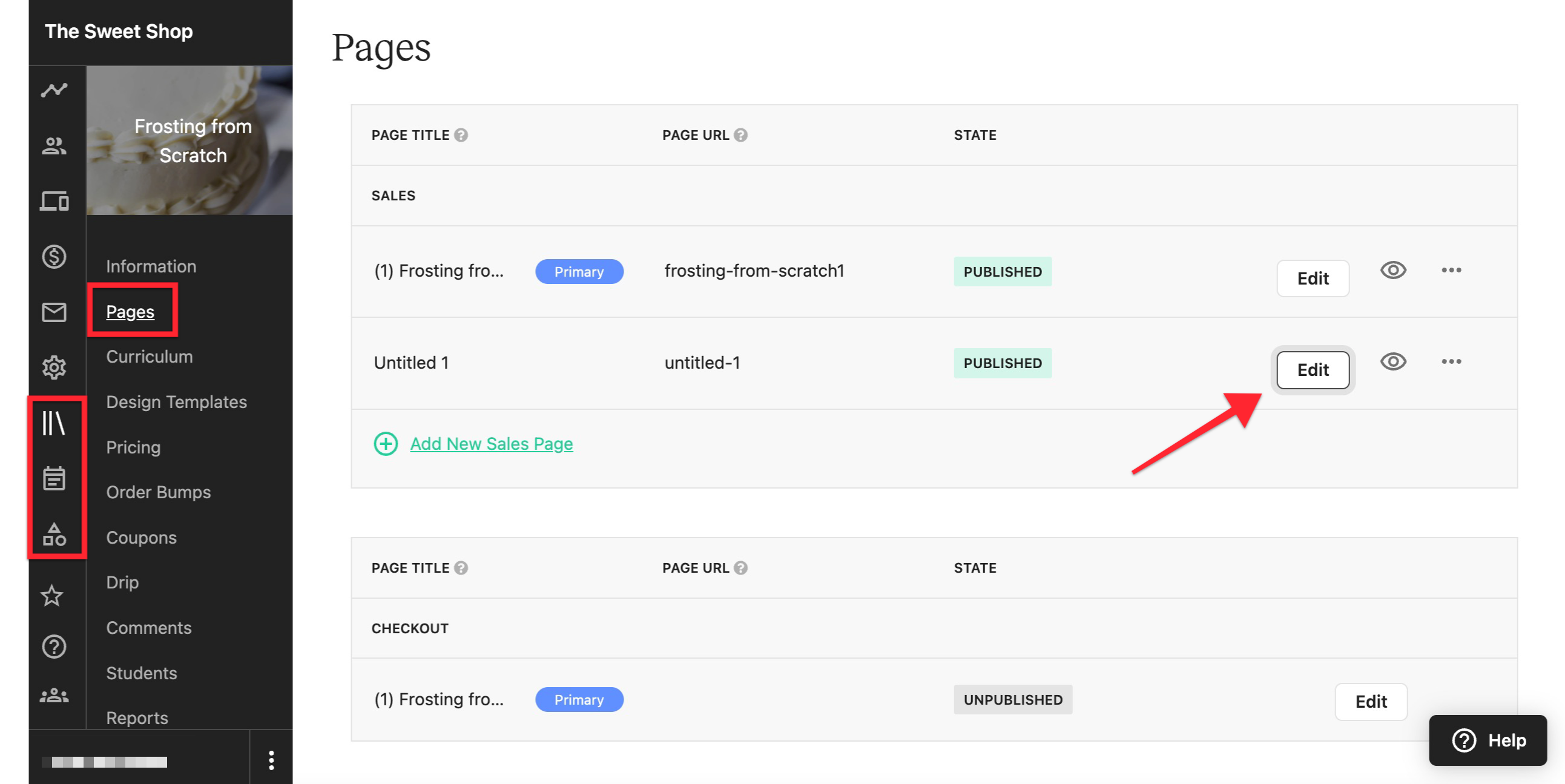 The admin view of a Teachable school, with the PAGES tab selected from a specific course. There is an arrow pointing to the sales page EDIT button.