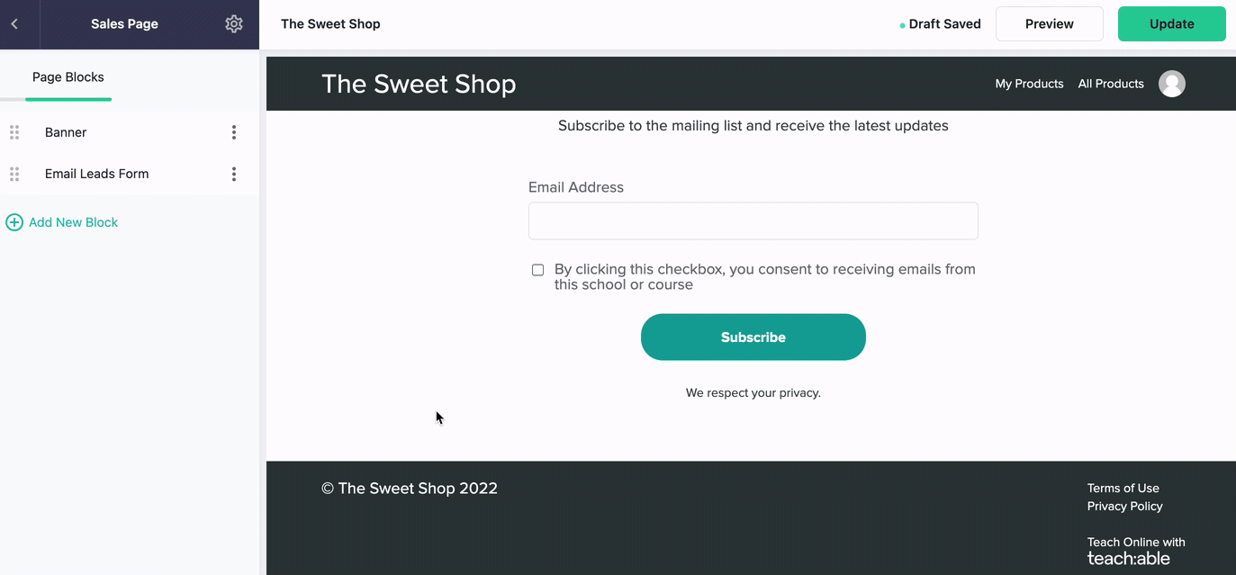 From a page editor, the user clicks ADD NEW BLOCK, the selects the PRICING BLOCK. There is a dropdown menu where they select which pricing options they want displayed.