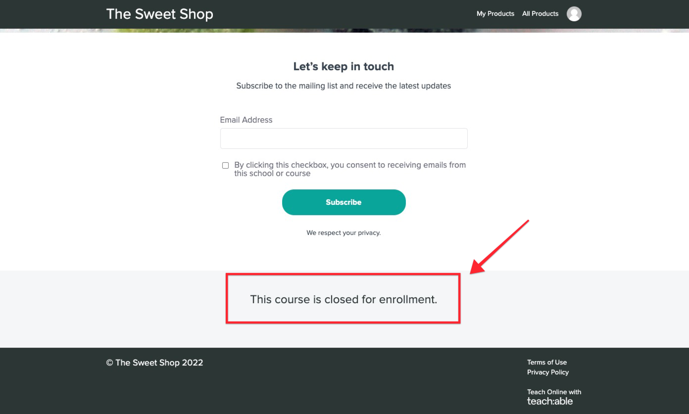A preview of a Teachable course sales page. There is a banner that reads CLOSED FOR ENROLLMENT.