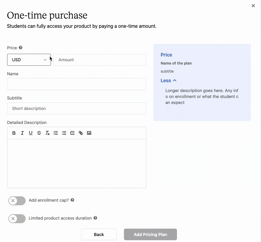 From the ADD PRICING PLAN popup menu, the user selects a currency from the dropdown menu.