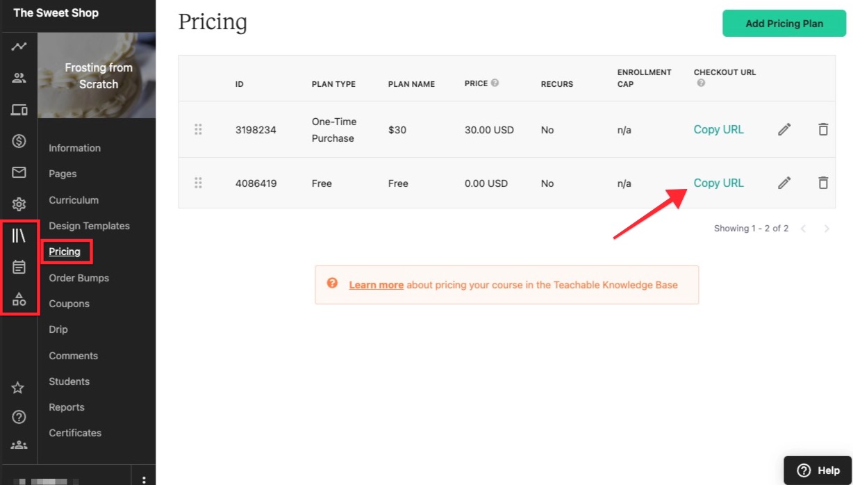 The admin view of a Teachable school, with the PRICING tab selected from a specific course. There is an arrow pointing to the COPY URL button link next to a specific pricing plan.
