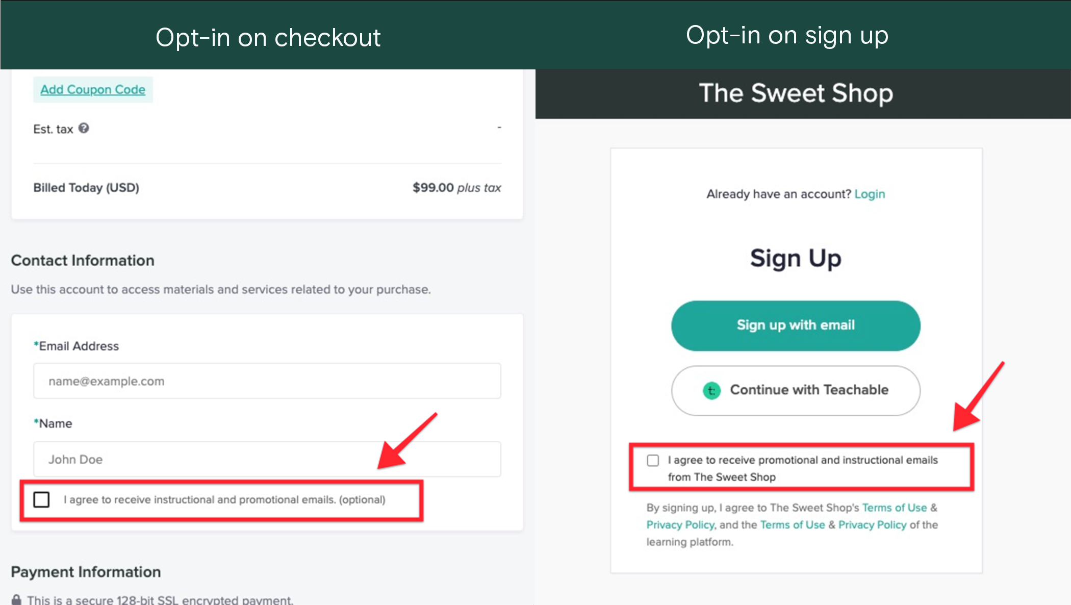 A side by side graphic that shows the checkbox where users opt in to receiving emails on both the checkout page and school sign up page.