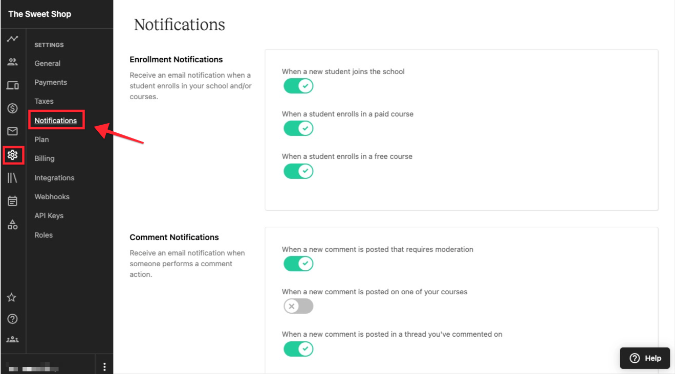The admin view of a sample Teachable school, with the SETTINGS tab selected from the admin side menu, then the NOTIFICATIONS tab of the submenu selected.