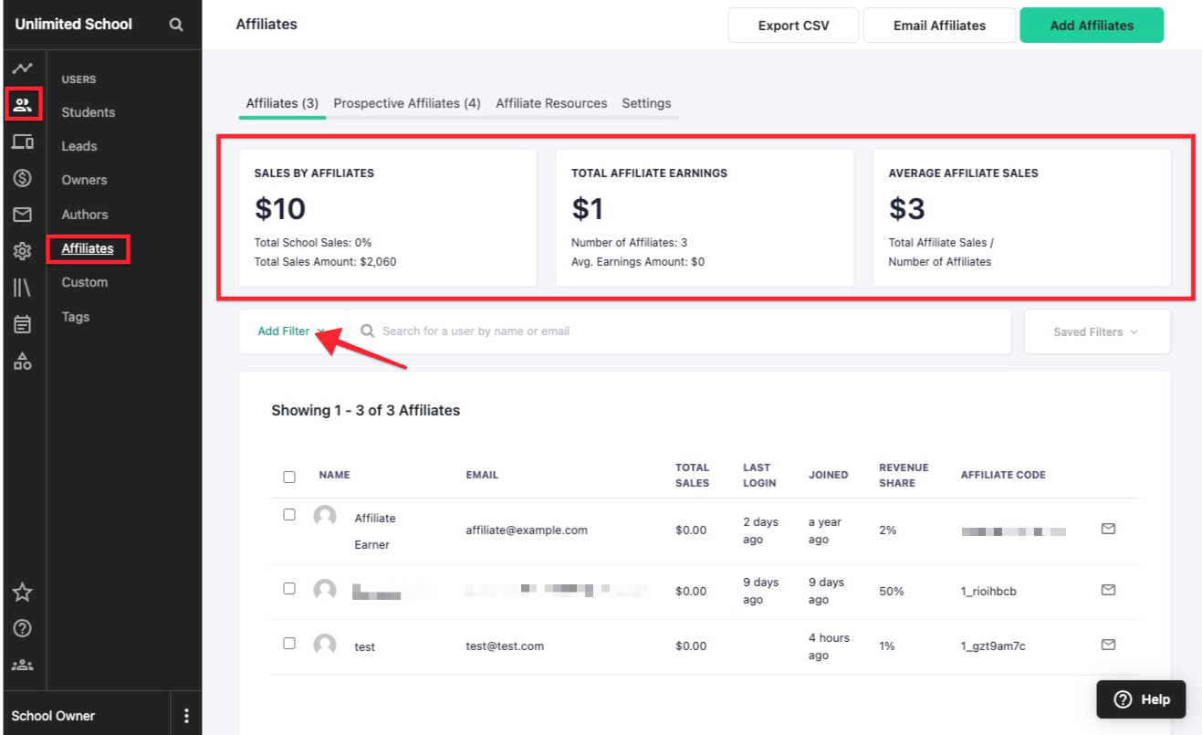 Admin view of a sample Teachable school, showing the Users > Affiliates page. At the top of the page are reporting metrics for affiliate sales performance.