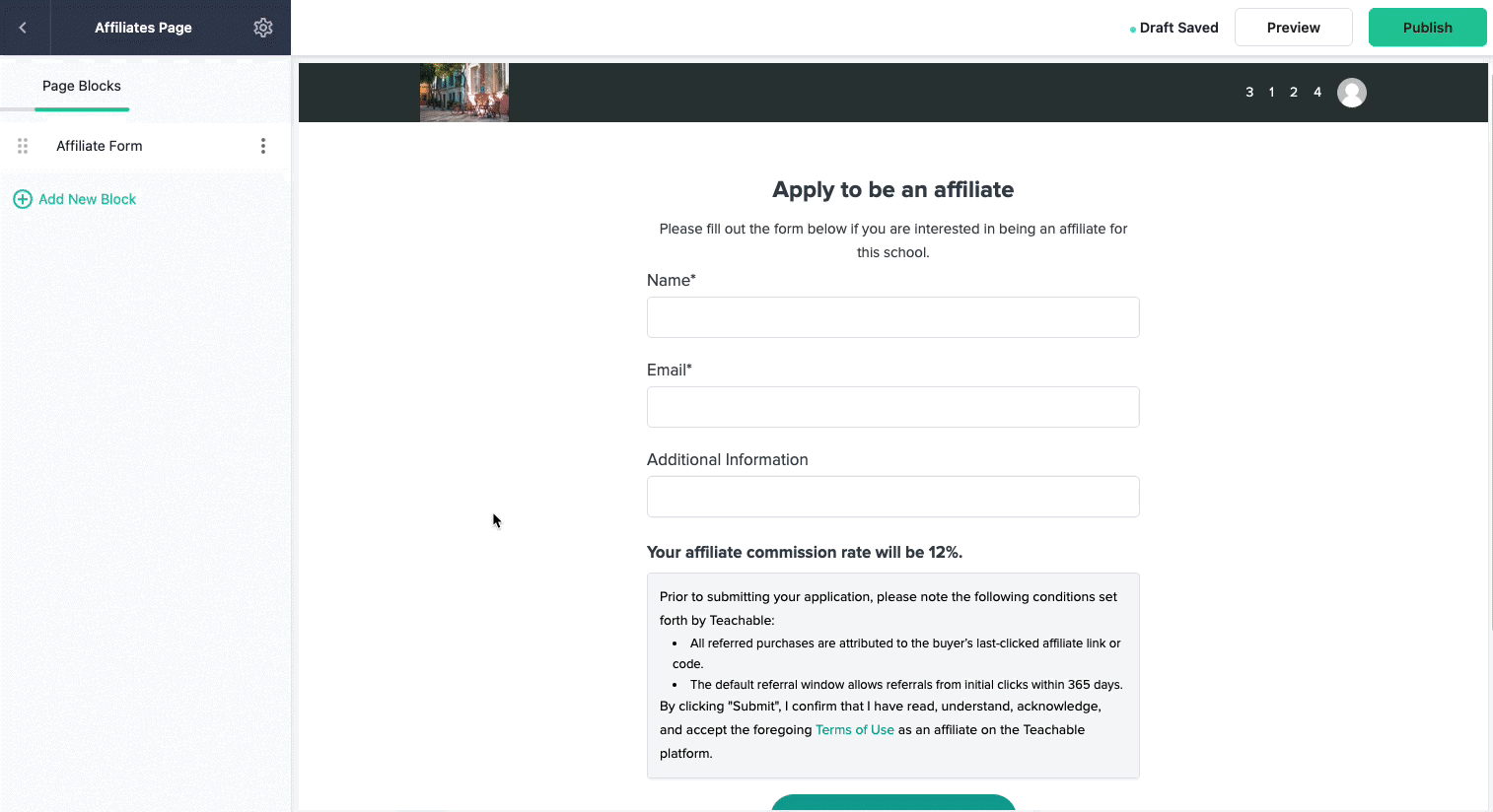 A view of the Teachable page editor. From the left side of the page, the Affiliate Form block is selected, which displays available fields to be filled out.