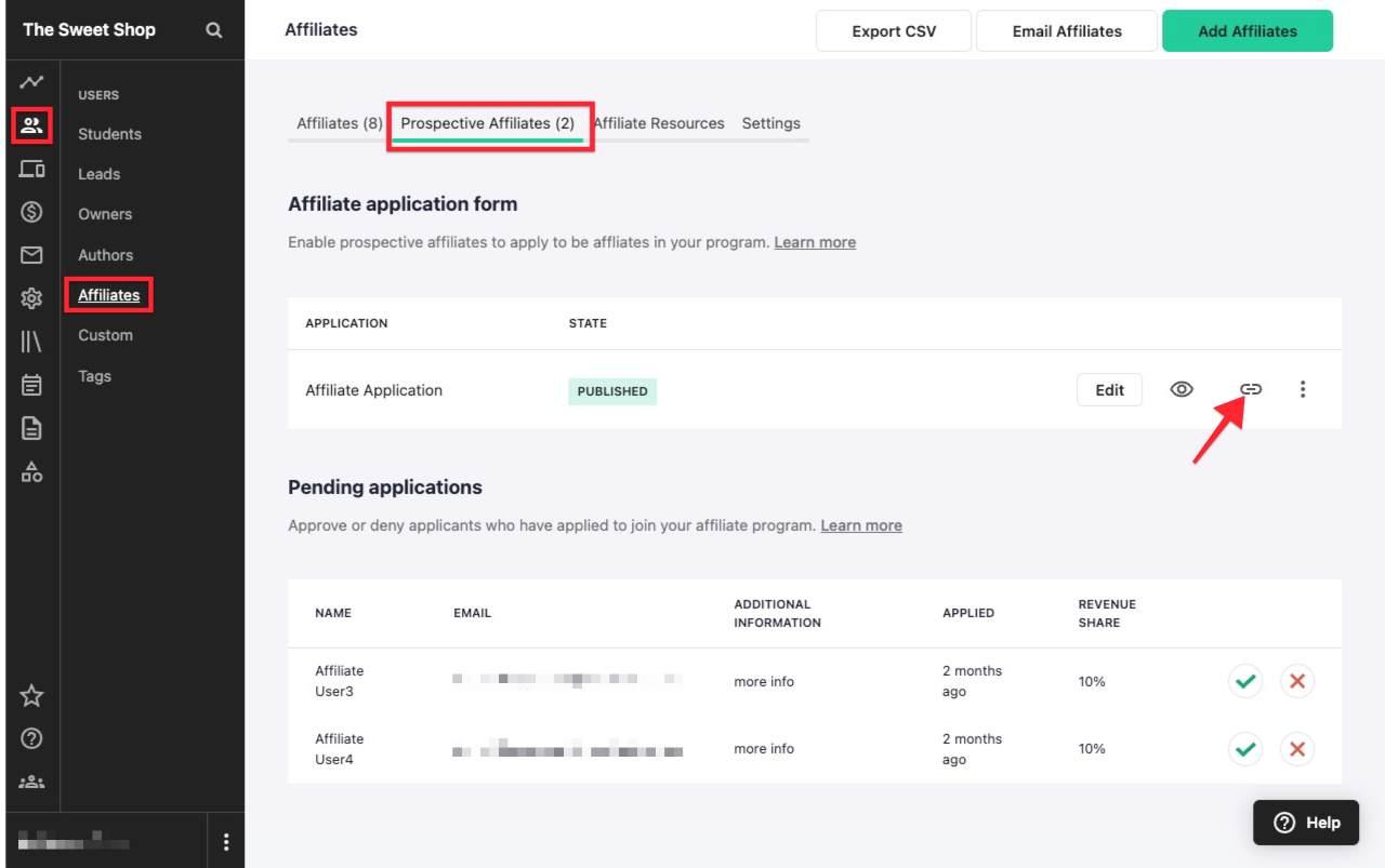 An admin view of a Teachable school, on the Users > Affiliate page. The Prospective Affiliates tab is selected, and next to the affiliate application form, there is an arrow pointing to the Copy icon.