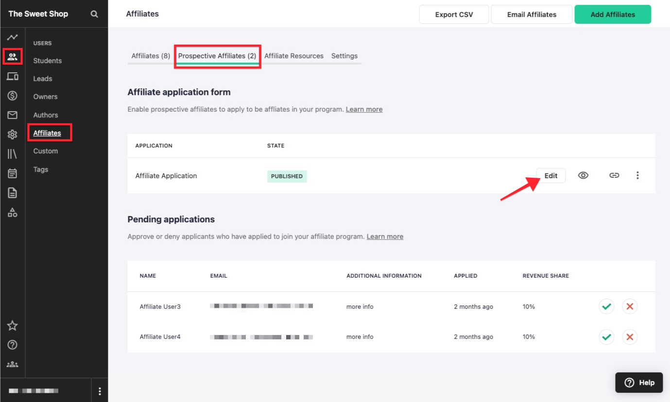 An admin view of a Teachable school, on the Users > Affiliate page. The Prospective Affiliates tab is selected, and there is an arrow pointing to the Edit button next to the affiliate application.