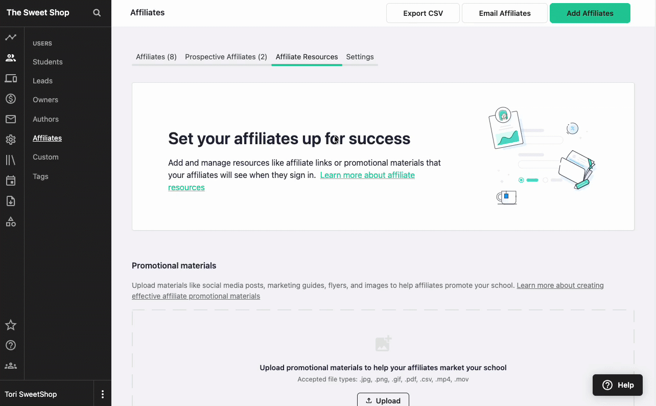 An admin view of a sample Teachable school, showing the Resources tab of the Users>Affiliate page. At the bottom of the page, there is an Upload button in the Promotional Materials section.