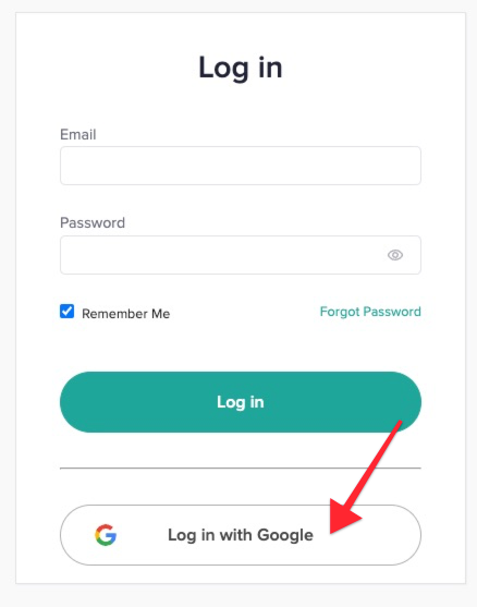 A log in page, with fields for email and password. There is a Log in button, then a Log in with Google button.