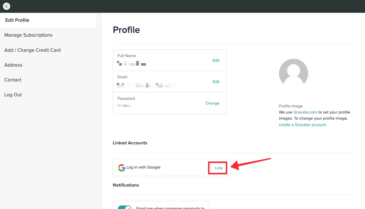 The Edit Profile page of an individual school account. In the Log in with Google section, there is an arrow pointing to the Link button.