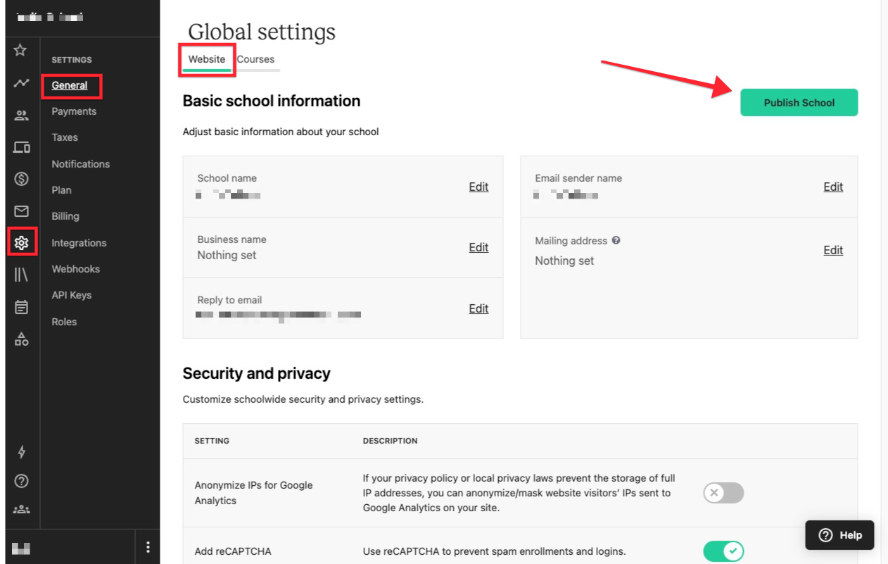 An admin view of a sample Teachable school, open to the Settings > General page. There is an arrow pointing to the Publish School button, located towards the top right of the page.